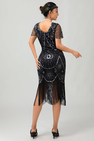 Preto Prata Franjas Sequins 1920s Vestido com 20s Acessórios set